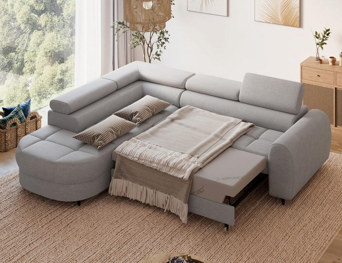 ECKSOFA Vesteria mit Schlaffunktion und Bettkasten – Modernes Design, verstellbare Kopfstützen und hoher Sitzkomfort - Grau, Kunststoff (279/72cm) - Wohnideebilder