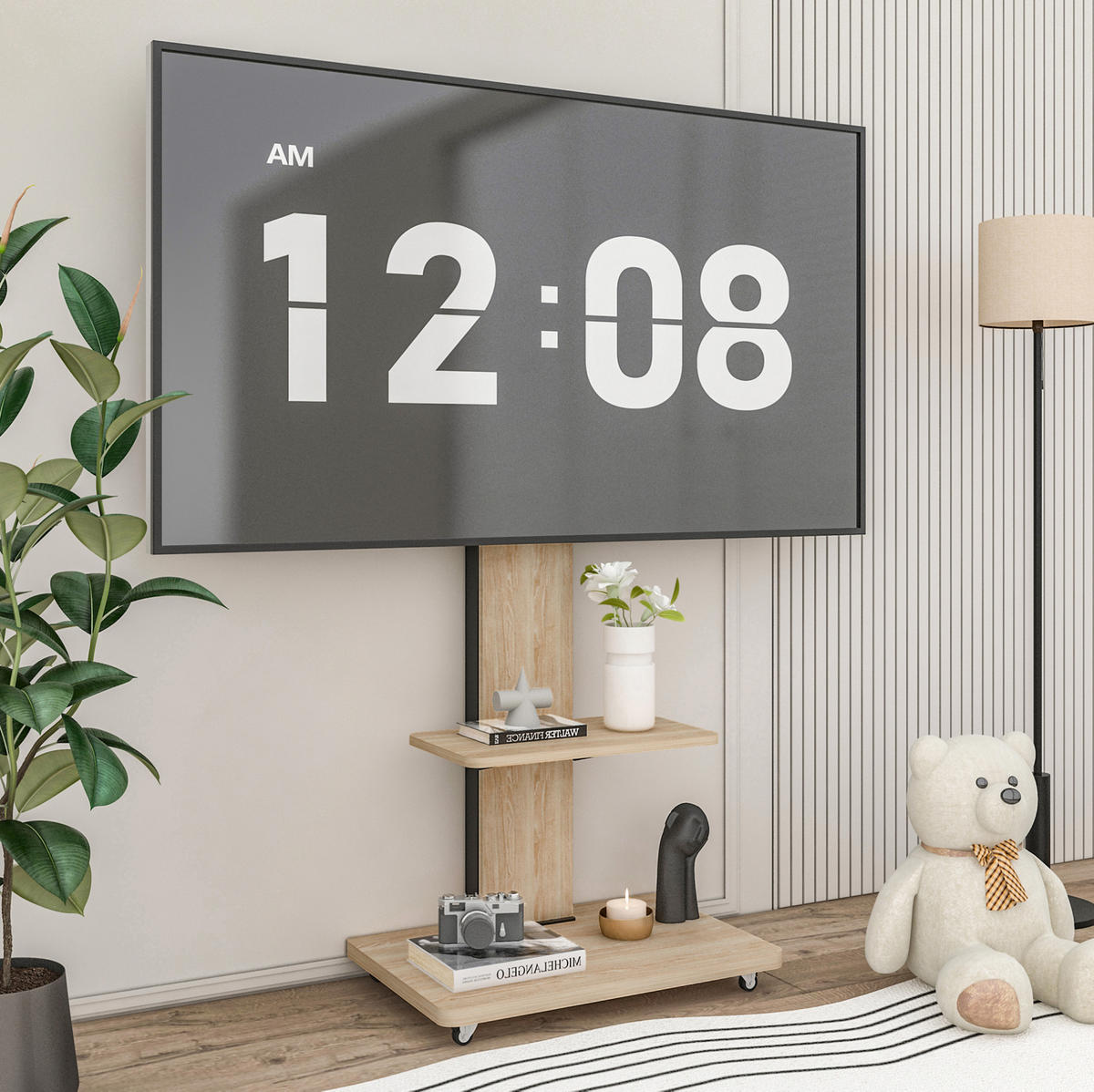 TV-STÄNDER Breite 60 cm höhenverstellbar mit Rollen & MDF-Ablagen - Hellbraun, Holzwerkstoff (60/150/40cm) - BEAOK