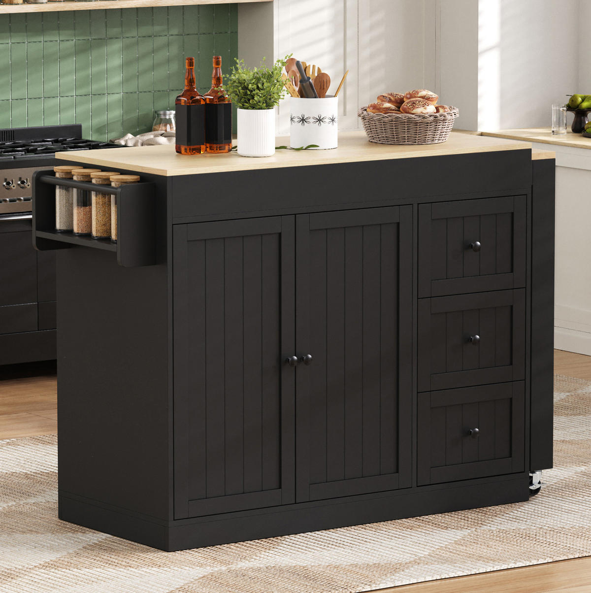 KÜCHENINSEL 112-186,8/45/93 cm aus MDF mit ausziehbarer Arbeitsplatte, 3 Schubladen und Gewürzregal, Schwarz - Schwarz, Holzwerkstoff (130/93/45cm) - Redom