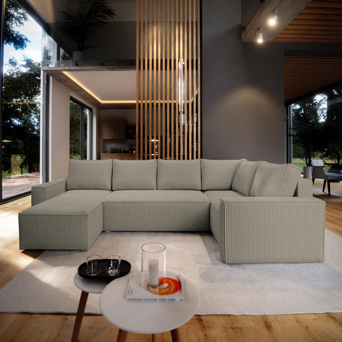 ROHOVÁ SEDAČKA NORENA béžová - šedá/béžová, dřevo/textil (295/157.5cm) - MASSENO