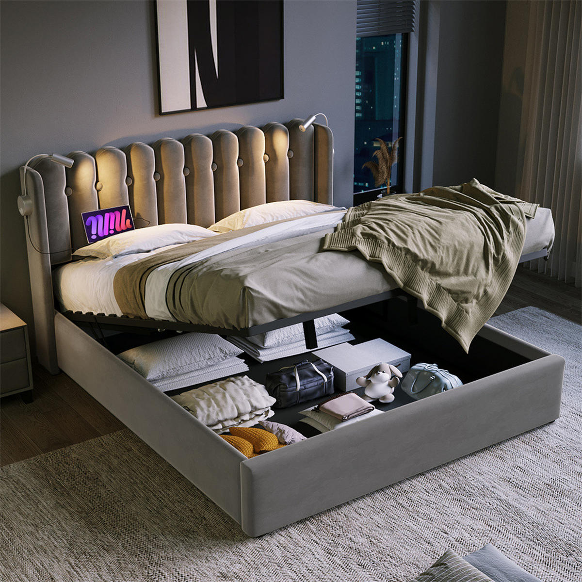 POLSTERBETT 160/200 cm in Grau Samt - Grau, Holz/Textil (140/200cm) - KOMHTOM