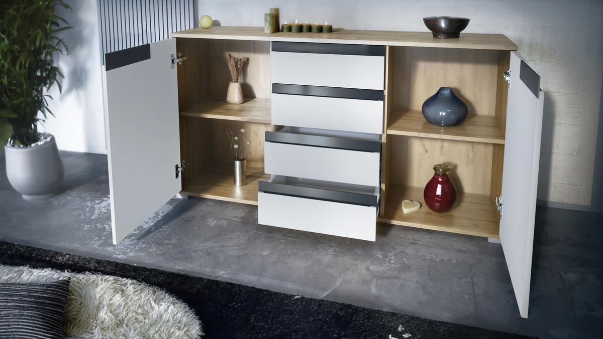 SIDEBOARD Sylt Sandgrau Hochglanz / Anthrazit matt - Sandfarben, Holzwerkstoff (138.5/75.5/35cm) - Vladon