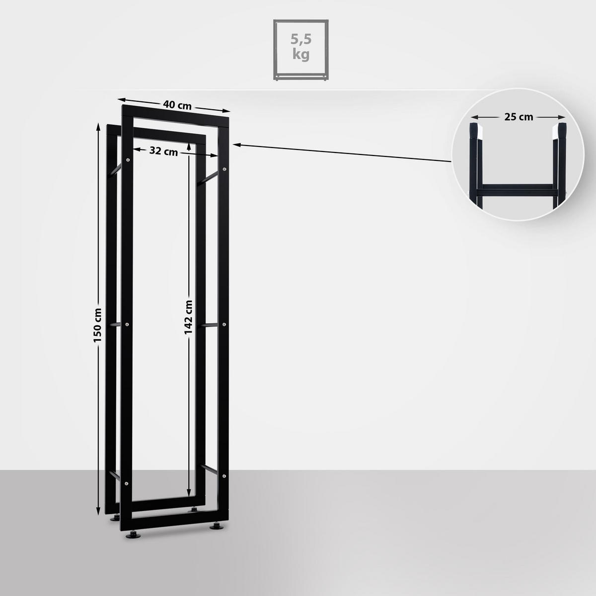 KAMINHOLZREGAL 40/25/150 cm Metall Schwarz - Schwarz, Metall (40/150/25cm) - CLP