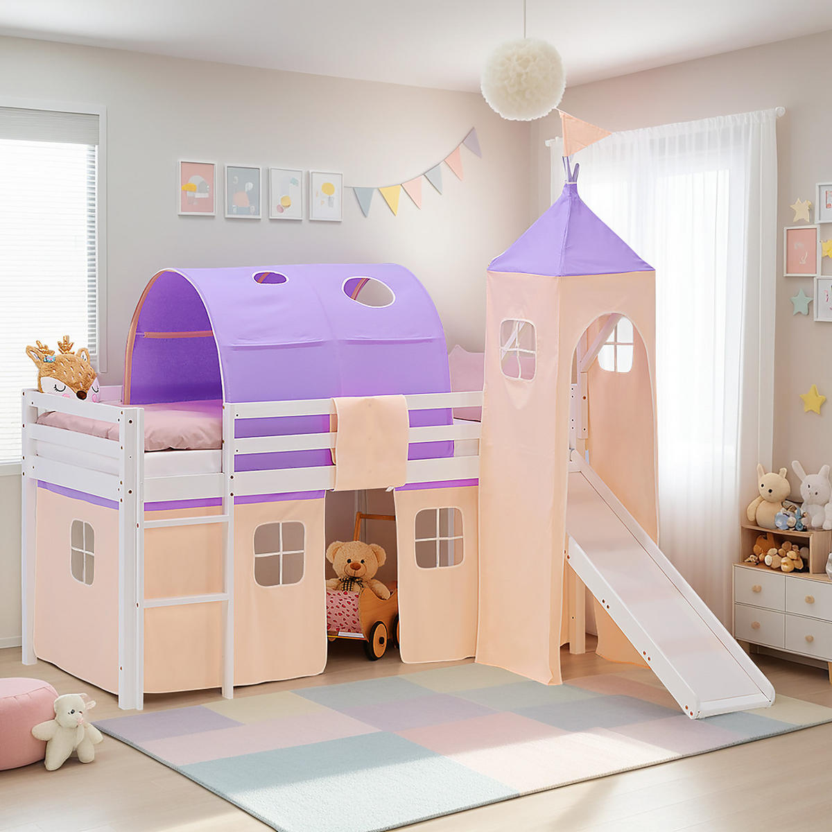 HOCHBETT 90/200 cm in weiß Rutsche Bettvorhang Turm Tunnel peach - Lila/Weiß, Holz/Textil (90/200cm) - Homestyle4u