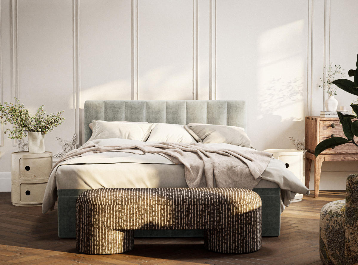 BOXBETT 200/200 cm Lovage S, in Beige, Matratze, gepolstertes Kopfteil, Bettkasten, H3 = fest - Beige/Schwarz, Holz/Holzwerkstoff (200/200cm) - Maison de Reve