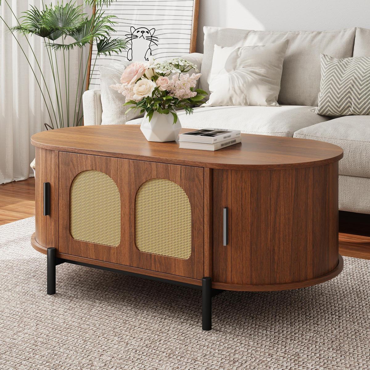 COUCHTISCH in Holzoptik Ovaler Wohnzimmertisch mit Schiebetüren und Stauraum, B100/T50H40(cm) - Schwarz/Braun, Holzwerkstoff/Metall (50/100/40cm) - STILVORA