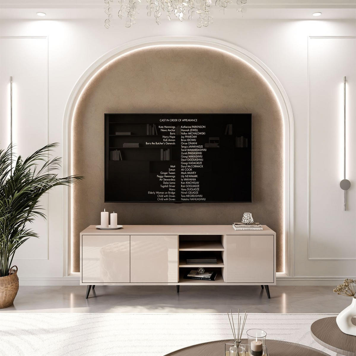 TV-SCHRANK SANAYI Kaschmir Hochglanz – schräge schwarze Beine - Kaschmir, Holzwerkstoff (156/54/38cm) - Lookway