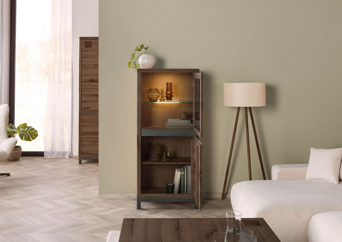 VITRINE Kernbuche 65x40x148 tabacco braun geölt VILLANDERS #204 - Braun, Holz (65/148/40cm) - Massivmoebel24