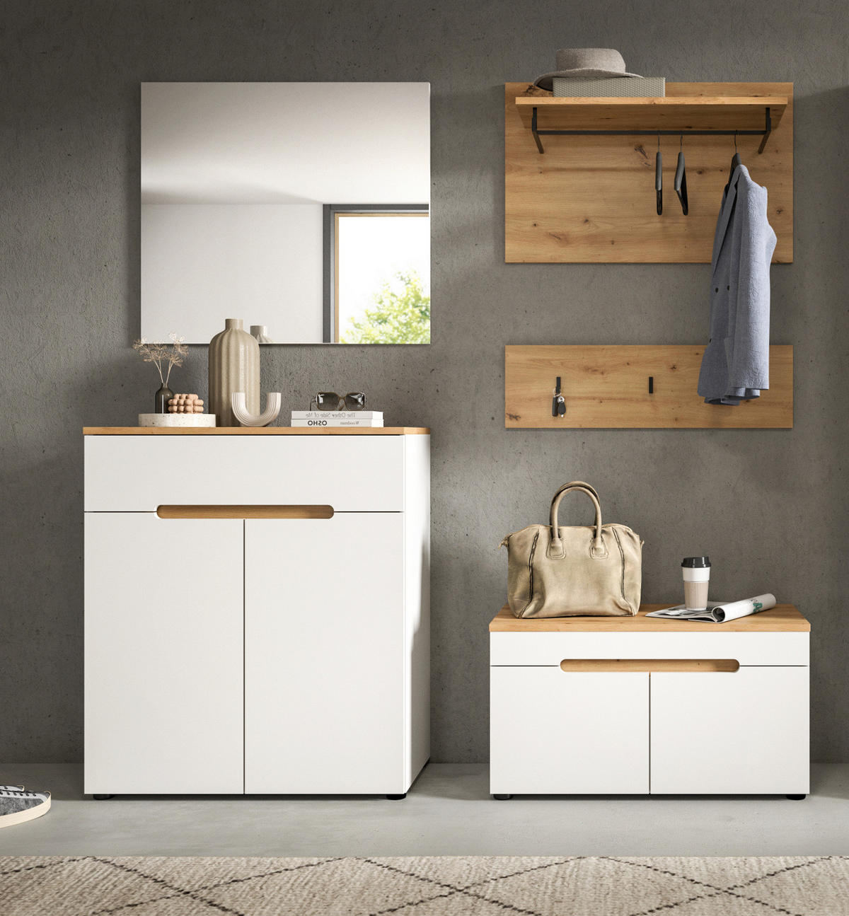 GARDEROBEN-SET weiß, Eiche Artisan 5-teilig 175 cm, Komplett-Set mit Soft-Close - Weiß, Glas/Holzwerkstoff (175/190/37cm) - Inn.Furn