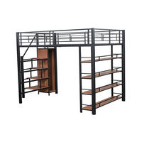 HOCHBETT aus Metall 140x200 cm Schwarz mit Stauraumtreppe, Garderobe und Regalen - Schwarz, Metall (140/200cm) - Modfu