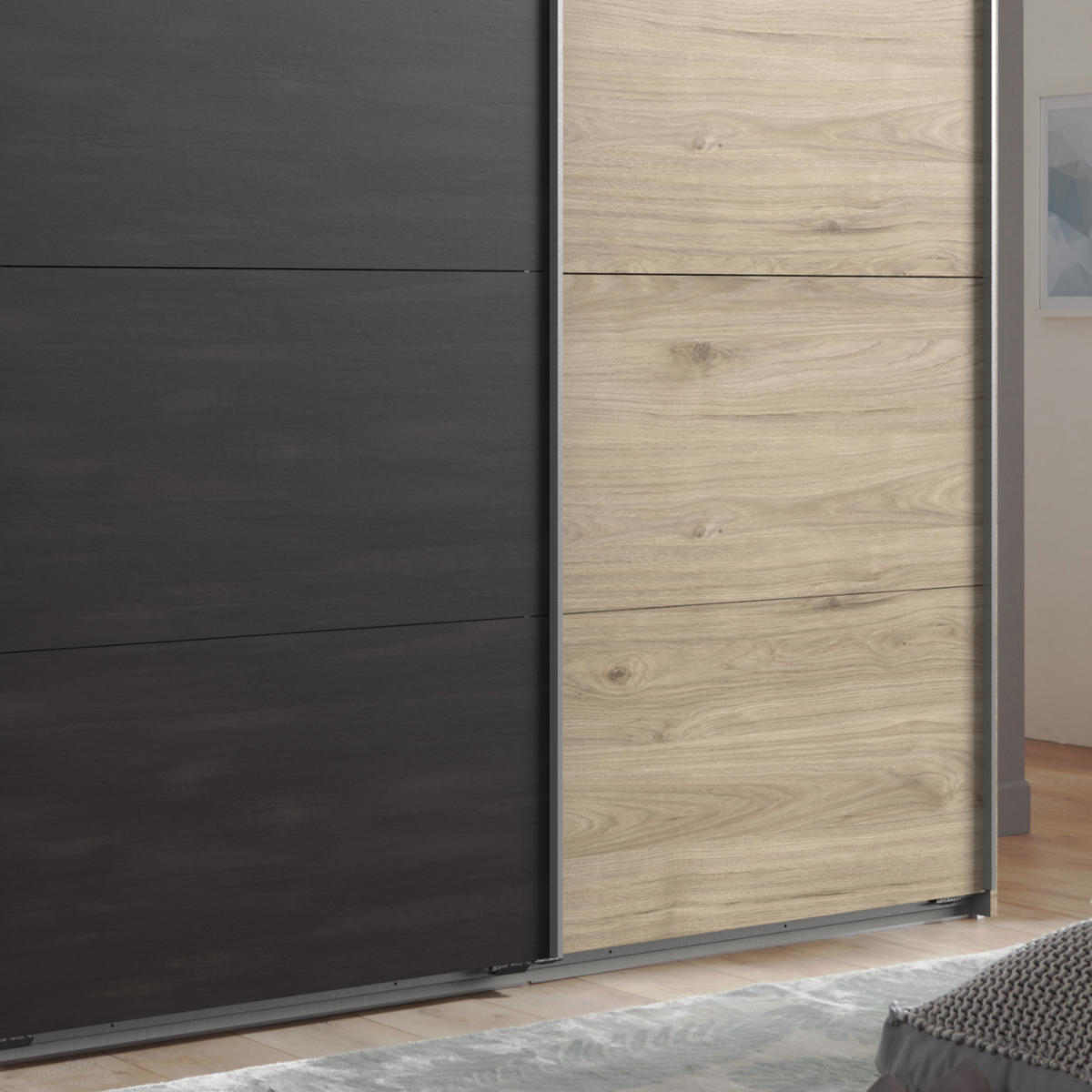 SCHWEBETÜRENSCHRANK 3-türig B270/H208/T65 cm Eichen-Dekor mit Mitteltür in grauer Stahl-Optik / 22004 - Eichefarben/Alufarben, Holzwerkstoff/Metall (270/208/65cm) - luma-home