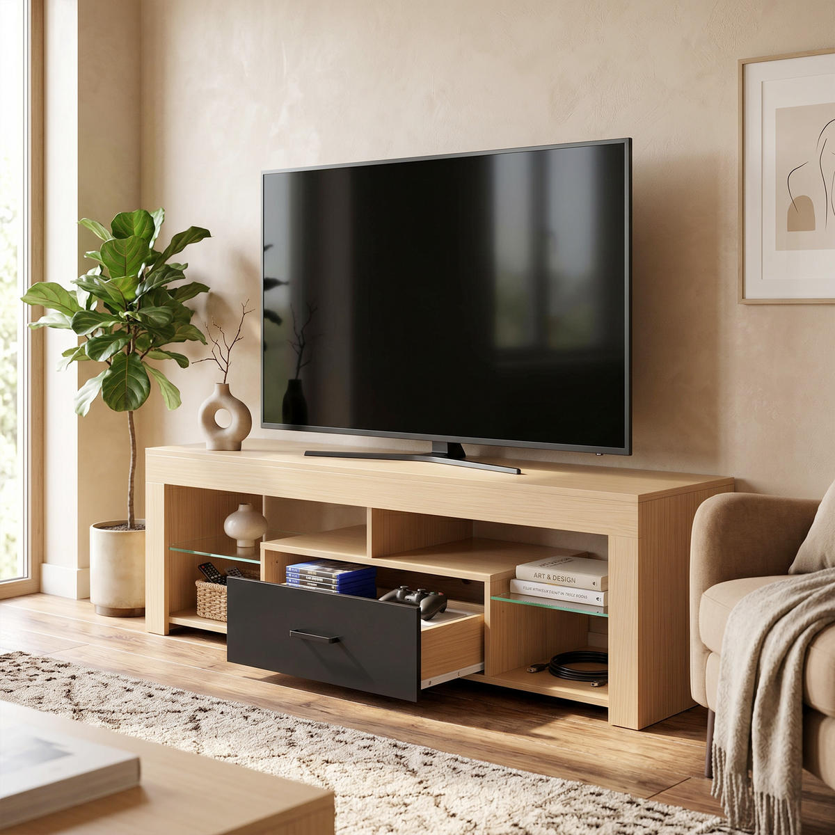 TV-LOWBOARD Spanplatte Glas Eiche - Eichefarben, Glas/Holzwerkstoff (40/45/140cm) - HOMCOM