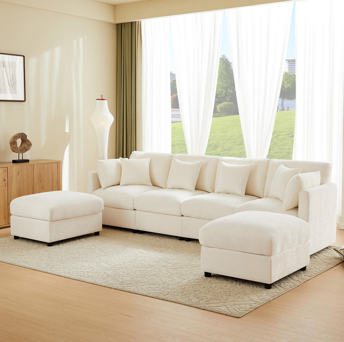 MODULARES Ecksofa 284/156,5/86 cm aus Chenille mit verstellbaren Armlehnen Beige - Beige, Textil (156.5/284cm) - Modenvie