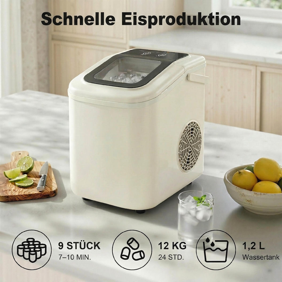 EISWÜRFELMASCHINE 12kg/24h, 1,2 L Wassertank Kältemittel R600a - Beige, Kunststoff (22.6/29.9/28.3cm)