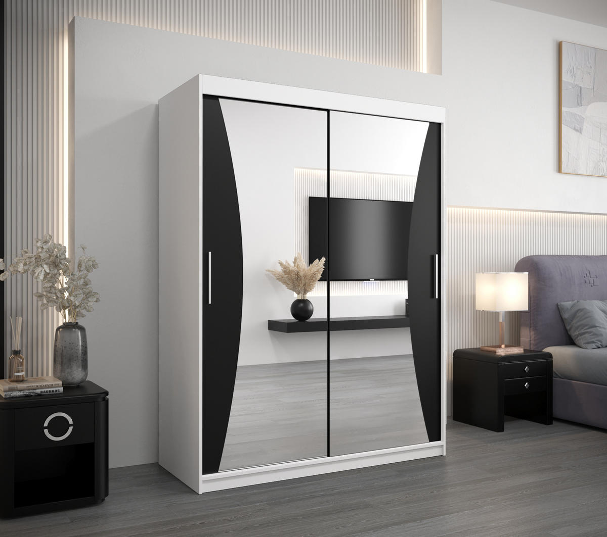 SCHWEBETÜRENSCHRANK 200/150/62 2-türig - Silberfarben/Schwarz, Holz/Kunststoff (150/200/62cm) - Abiks Möbel