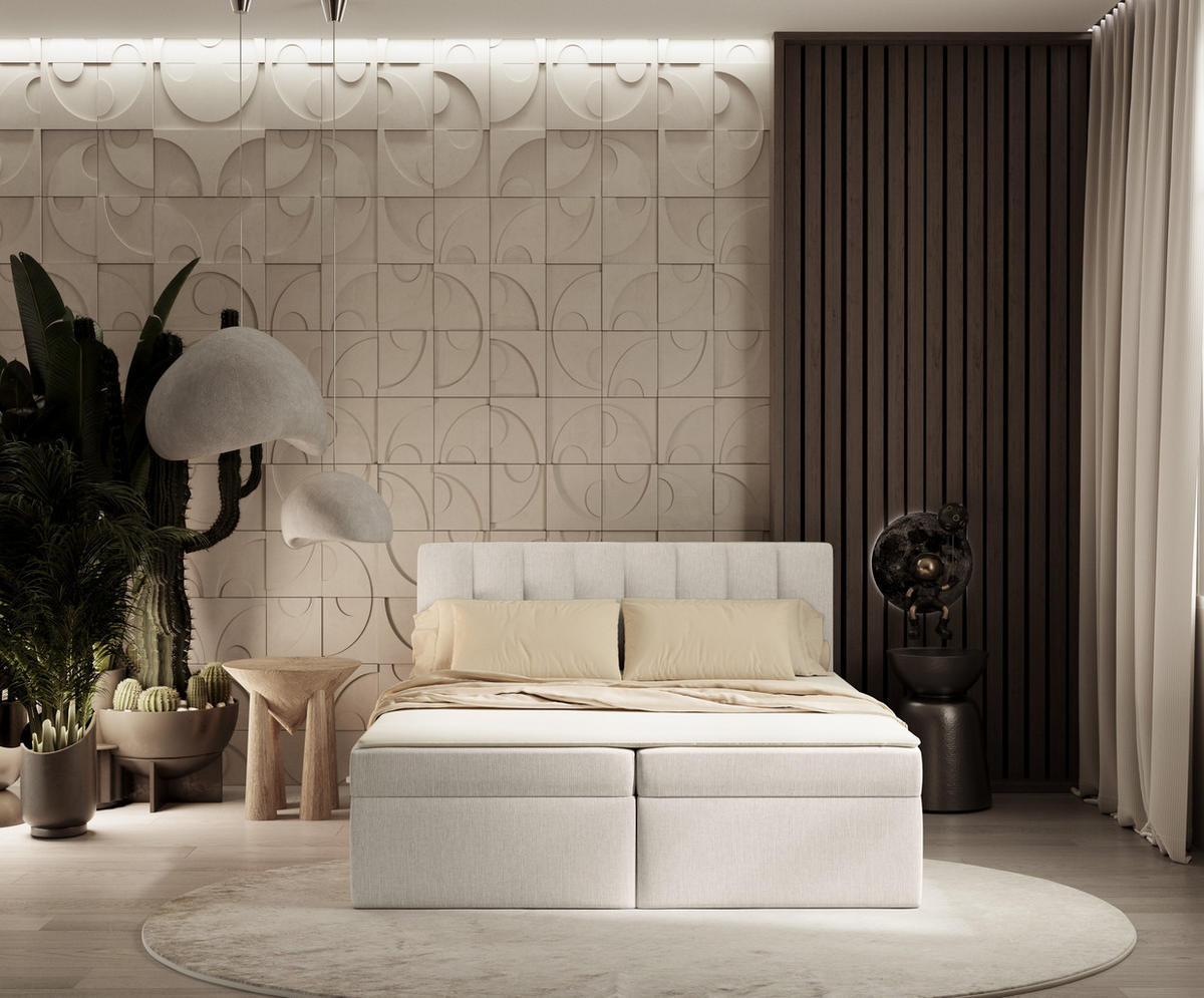 BOXBETT Novento Creme 160/200 cm mit Matratze und Topper - Creme/Schwarz, Holz/Holzwerkstoff (160/200cm) - Maison de Reve
