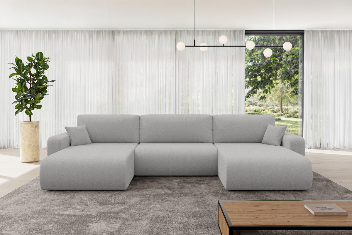 SEDACÍ SOUPRAVA DO U s funkcí spaní a úložným prostorem BERY-U 377x193x88 světle šedá bouclé - černá/stříbrná, kompozitní dřevo/textil (377/88/193cm) - ALTDECOR