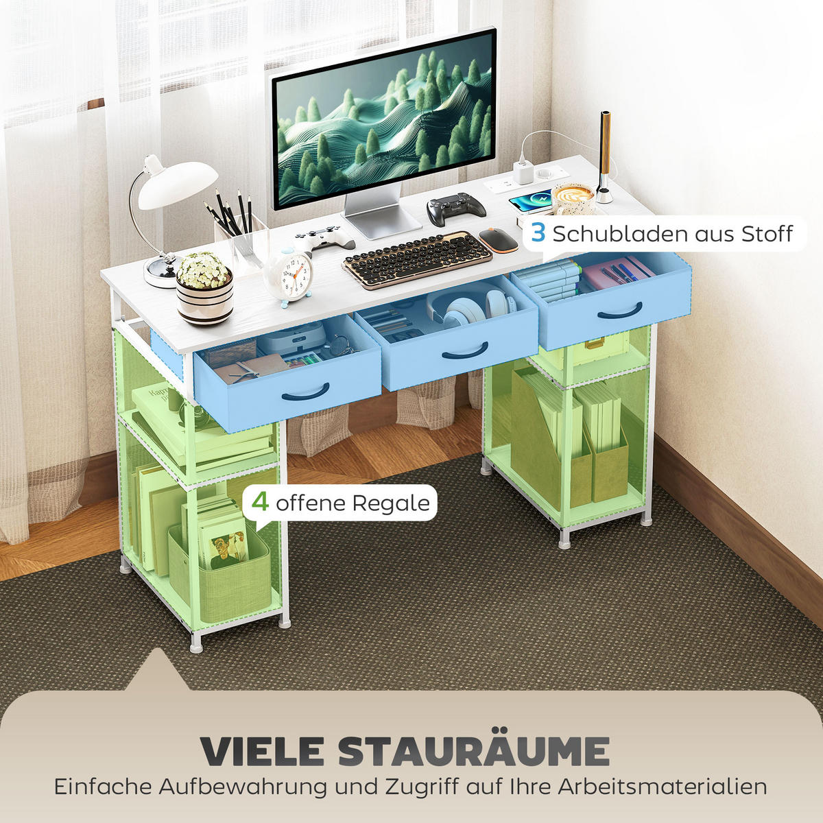 SCHREIBTISCH mit 2 USB-Ladeanschlüsse Weiß 120/40/76 cm - Weiß, Holzwerkstoff/Kunststoff (120/40/76cm) - HOMCOM