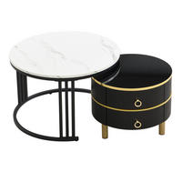 COUCHTISCH 70/70 cm und Beistelltisch 50/50 cm schwarz mit Marmor-Design und 2 Schubladen - Schwarz/Weiß, Holzwerkstoff (70/70/46cm) - OKWISH