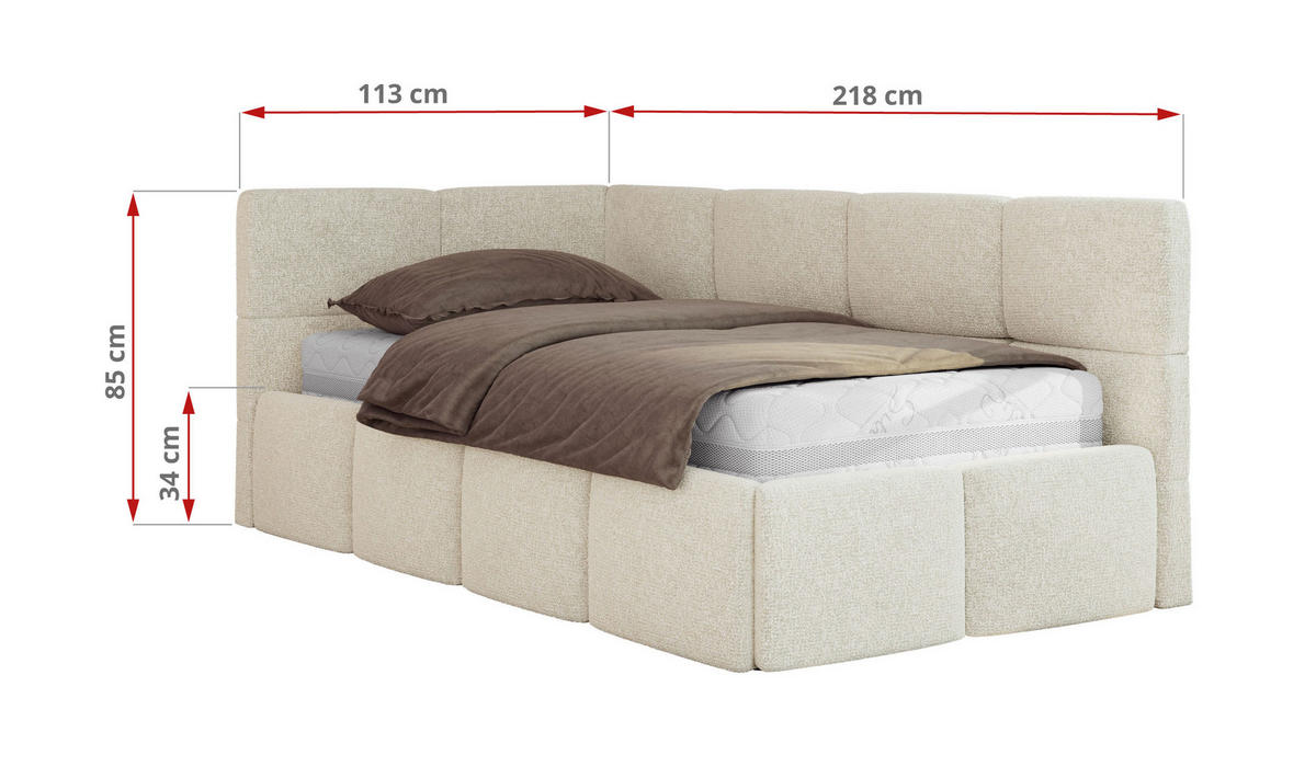 JUGENDBETT ARVO 90/200 - Creme Strukture - Pocket-Matratze - Rechts Seite - Creme, Textil (90/200cm) - MKS