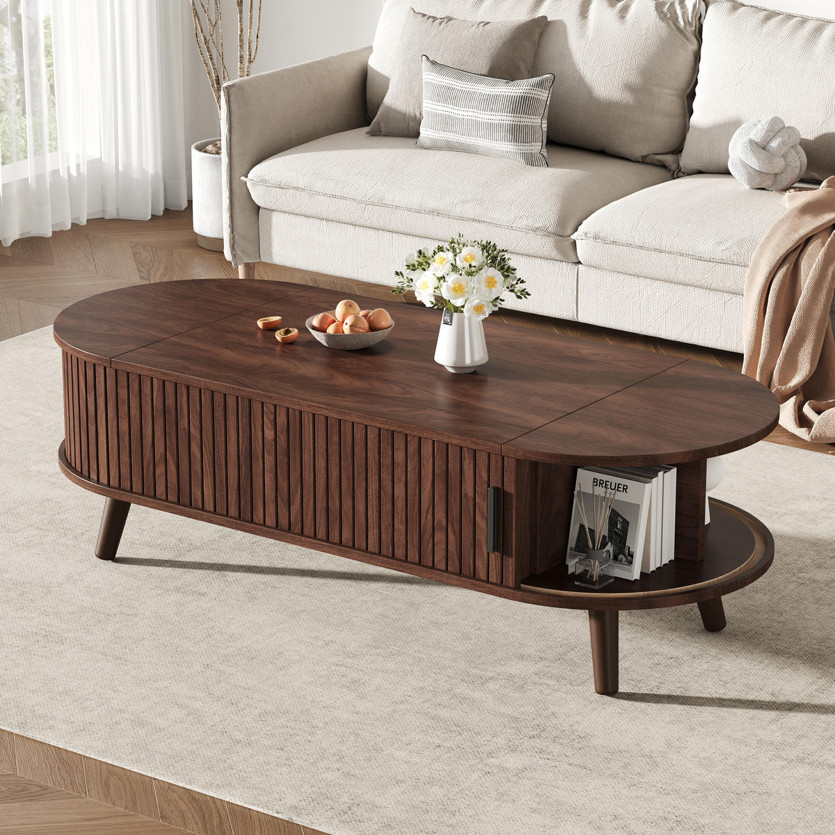 COUCHTISCH 120x50x39.5 cm Nussbaum Lift Stauraum 5 Fächer - Walnussfarben, Holzwerkstoff (120/50/39.5cm)