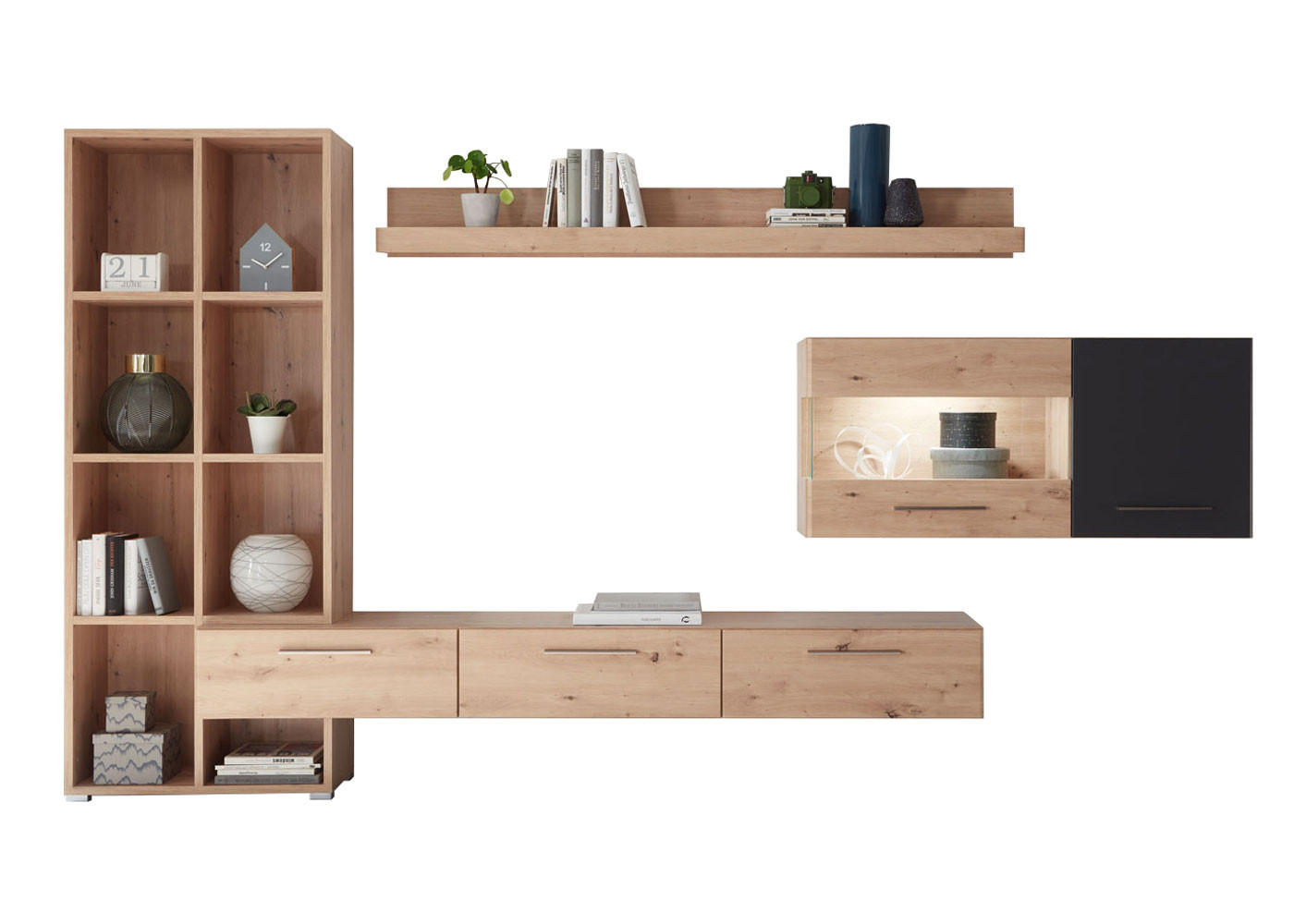 WOHNWAND Space Eiche Artisan / cosmos grey 3-teilig - Eichefarben/Multicolor, Holz/Holzwerkstoff (347/182/40cm) - Feldmann-Wohnen