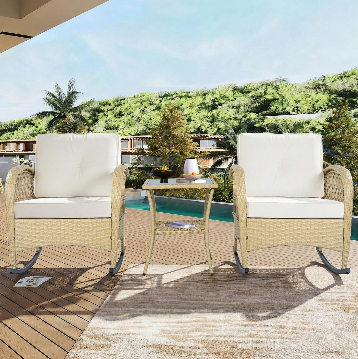 BALKONGARNITUR 3-tlg. mit 2 Schaukelstühlen und Glastisch, wetterfestes Rattan-Design, Beige - Beige, Metall - Redom