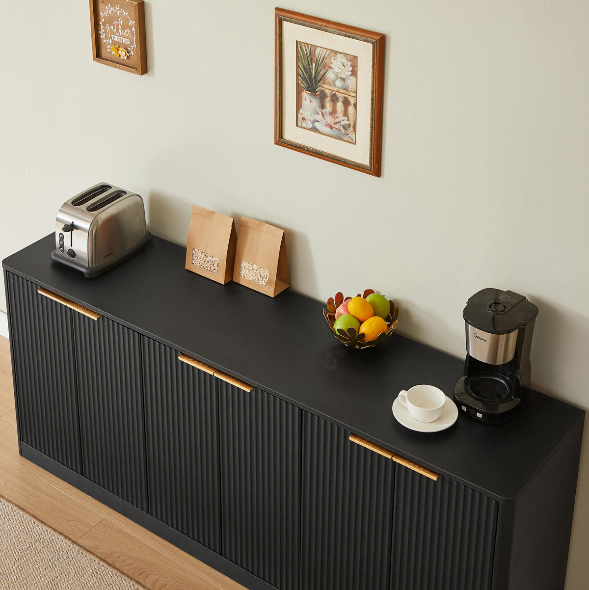 SIDEBOARD 170/40/70,5 cm in Schwarz mit 6 Türen und Wellenfront - Schwarz, Holzwerkstoff (170/70.5/40cm) - Flora Grace
