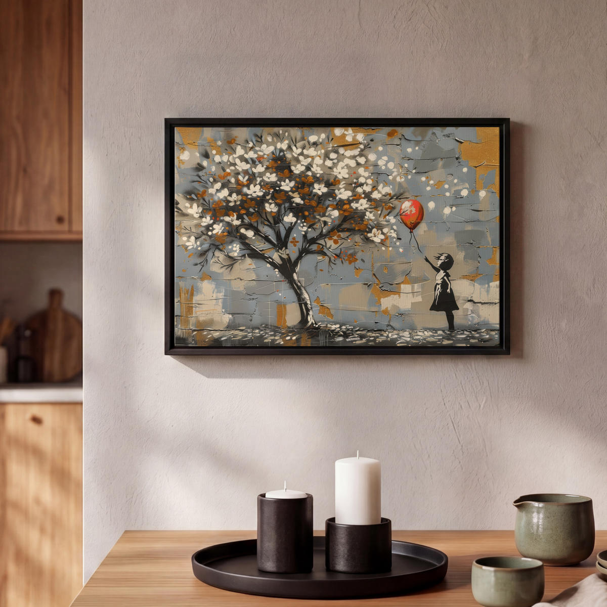 LEINWAND Bilder mit Rahmen - Baum - Graffiti - Banksy-Stil - Ballon-Mädchen - 30x20 - Blaugrau, Textil (30/20cm) - MuchoWow