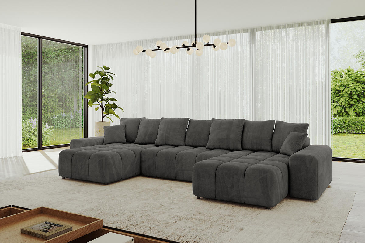 WOHNLANDSCHAFT ENIL-U 390x175x84 Dunkelgrau Velours - Dunkelgrau, Holzwerkstoff/Kunststoff (390/84/175cm) - ALTDECOR