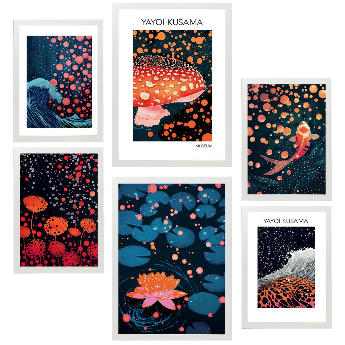 POSTER Set Mit 6 Yayoi Kusama Pilz Ola Japanische Dunkle Farben A3 & A4 Weißer Rahmen - Weiß, Papier (29/3cm) - Nacnic