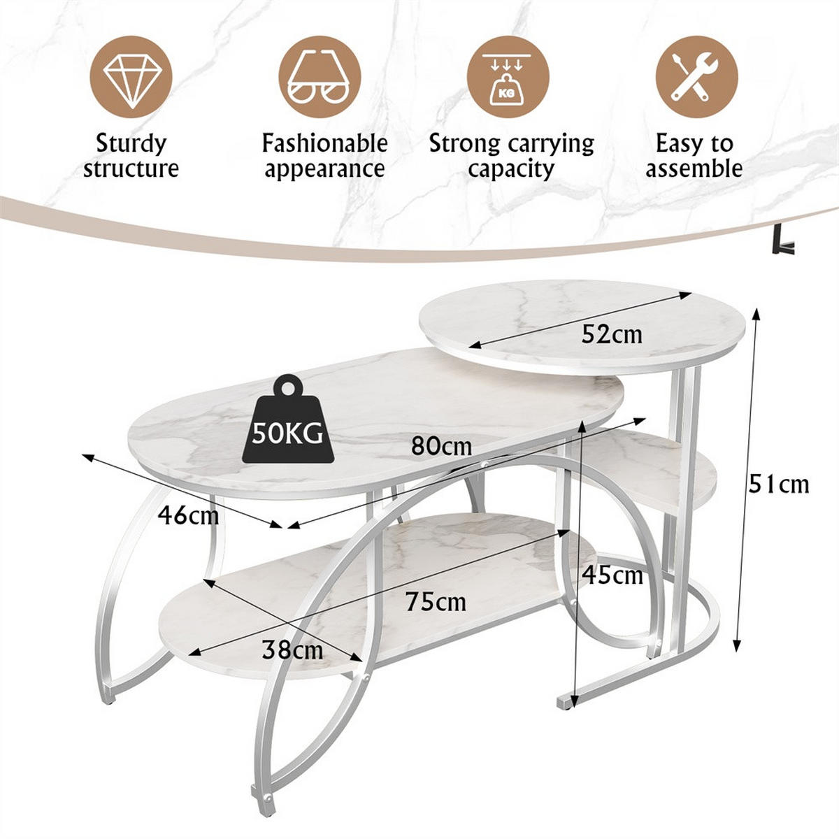 COUCHTISCH 2er-Set - Ovaler und Runder Beistelltisch mit Ablage in Marmoroptik - Weiß und Silber - Weiß, Holzwerkstoff (46/80/45cm) - DELFA