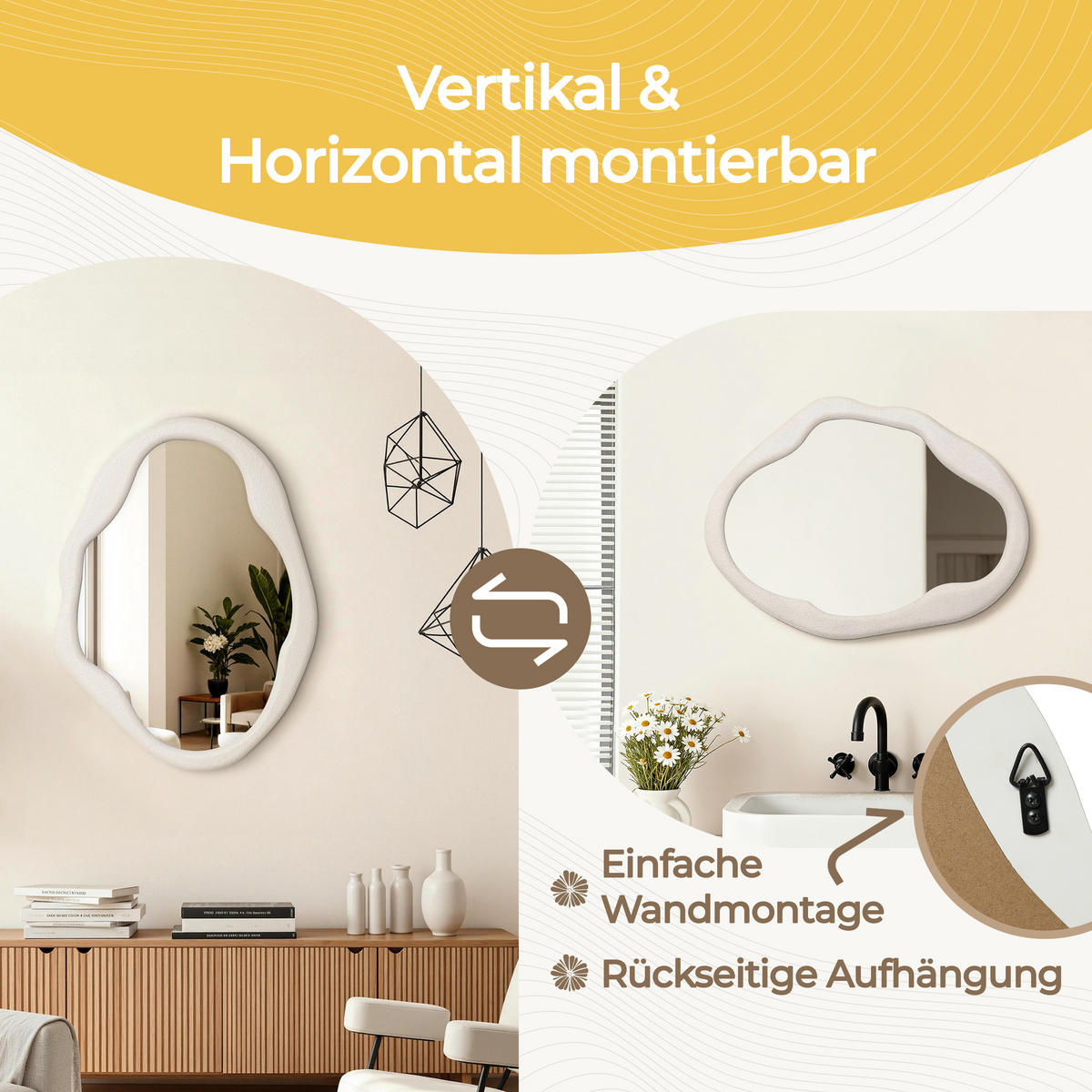 70CM H Wandspiegel mit weißem, unregelmäßigem Rahmen,Geeignet für Schlafzimmer, Wohnzimmer, Badezimmer und Flur - Weiß, Glas (50/70/2.5cm) - Hometopia