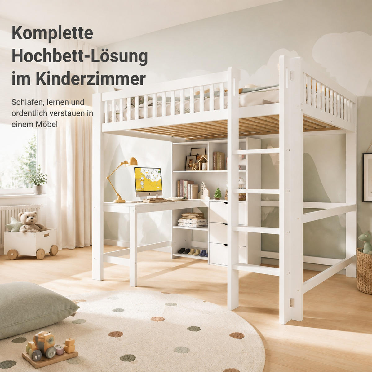 HOCHBETT 140/200 cm aus Kiefernholz mit Schreibtisch und Stauraum Weiß - Weiß, Holz (140/200cm) - Modenvie