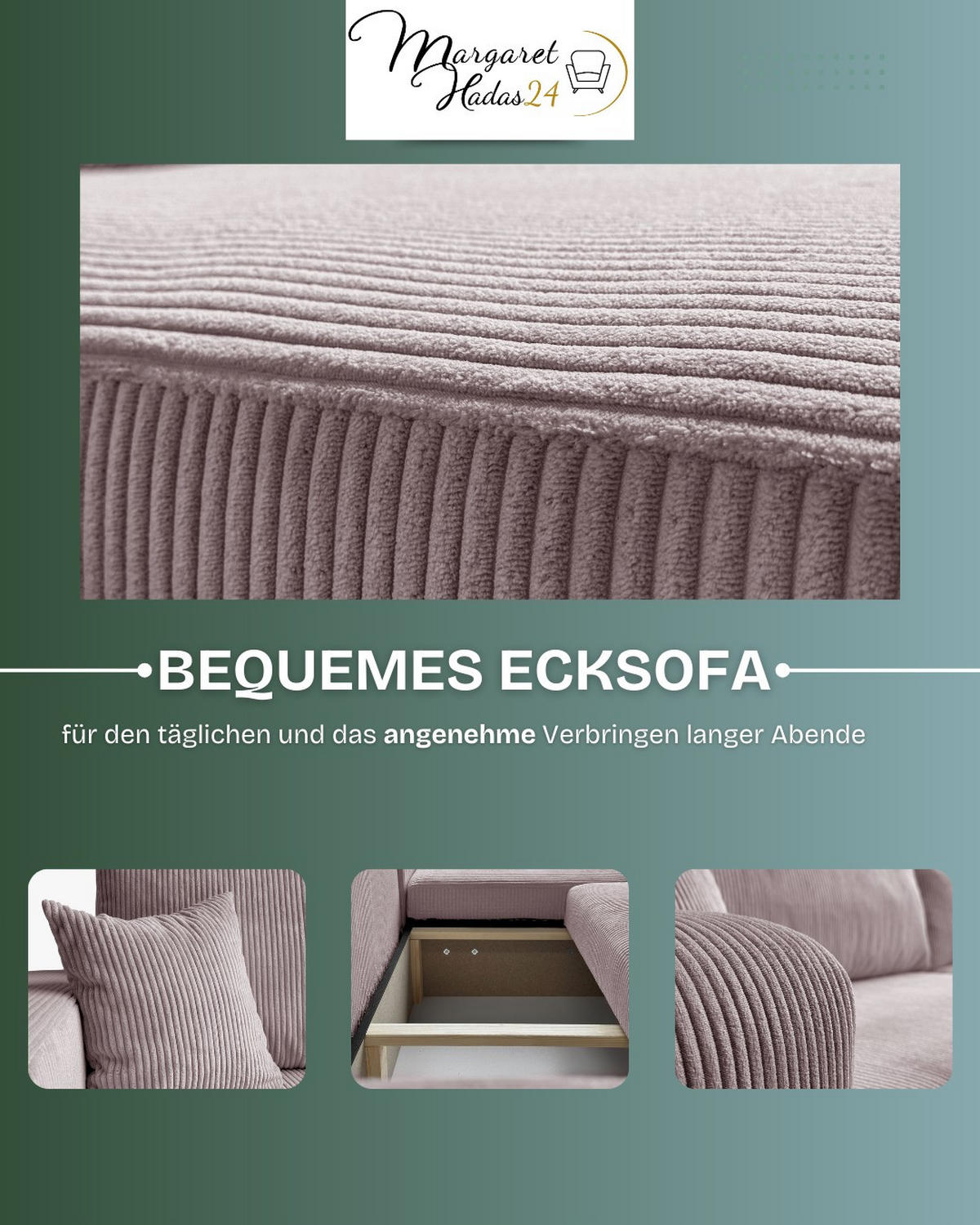 ECKSOFA Sofia in L-Form 277 x 143 cm Schlaffunktion Bettkasten Couch Cord universale Seite, rosa - Rosa, Kunststoff (143/83/277cm) - Margaret Hadas24