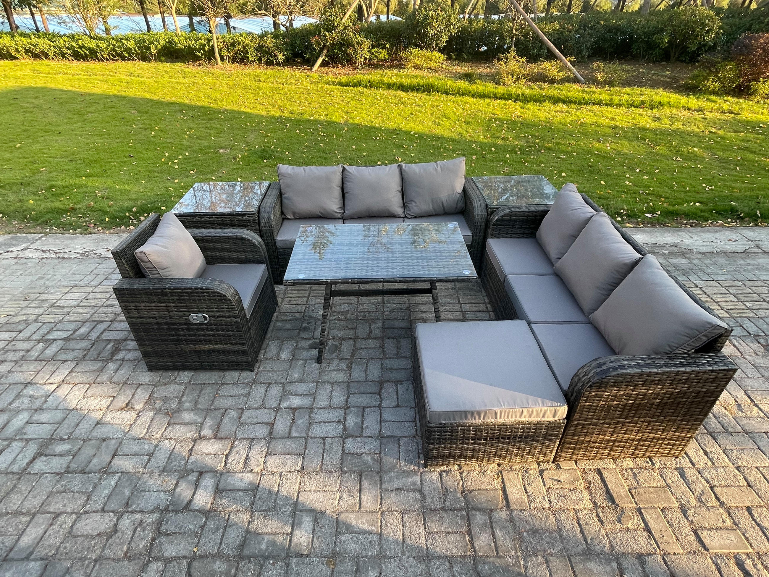 GARTENSET Hohe Rückenlehne Polyrattan 8-Sitzer - Dunkelgrau/Grau, Glas/Kunststoff - Fimous