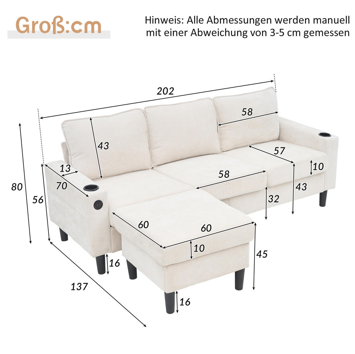 SOFA mit Hocker und USB 202 x 137 cm Leinen Beige - Beige, Textil (202/137cm) - IVMEU