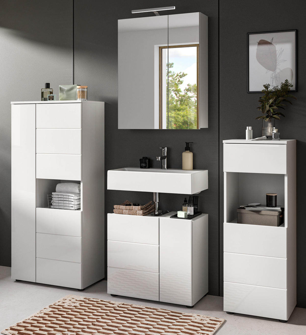 BADMÖBEL-SET 4-teilig weiß Hochglanz 188 x 190 cm, Kombination modern - Weiß Hochglanz/Schwarz, Holzwerkstoff/Kunststoff (188/190/34cm) - Inn.Furn