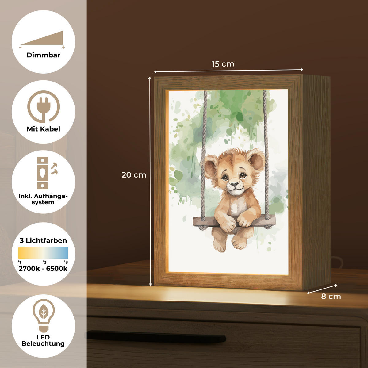 NACHTTISCHLAMPE Löwe - Tier - Kinder - Dschungel 15x20 cm - Weiß, Holzwerkstoff (8/15/20cm)