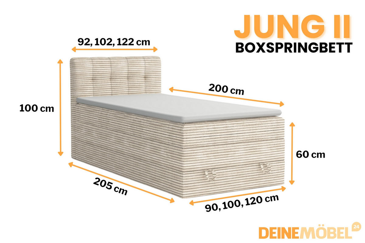 BOXSPRINGBETT JUNG 2 100/200 Cord Creme mit Matratzen H3 + H4 - Creme, Holz/Holzwerkstoff (100/200cm) - Deine Möbel 24
