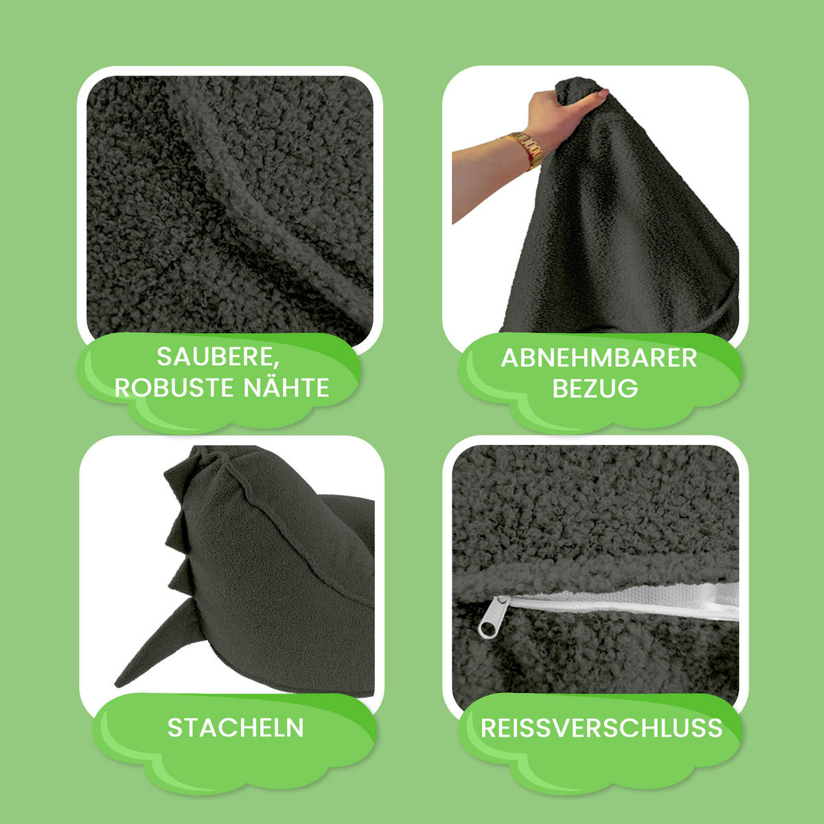 SITZSACK FÜR KINDER Dino 75/75/55 cm, weicher Bouclé 315 g/m², abnehmbarer Bezug, Forest Whisper - Dunkelgrün, Textil (75/55/75cm) - Dreamroots