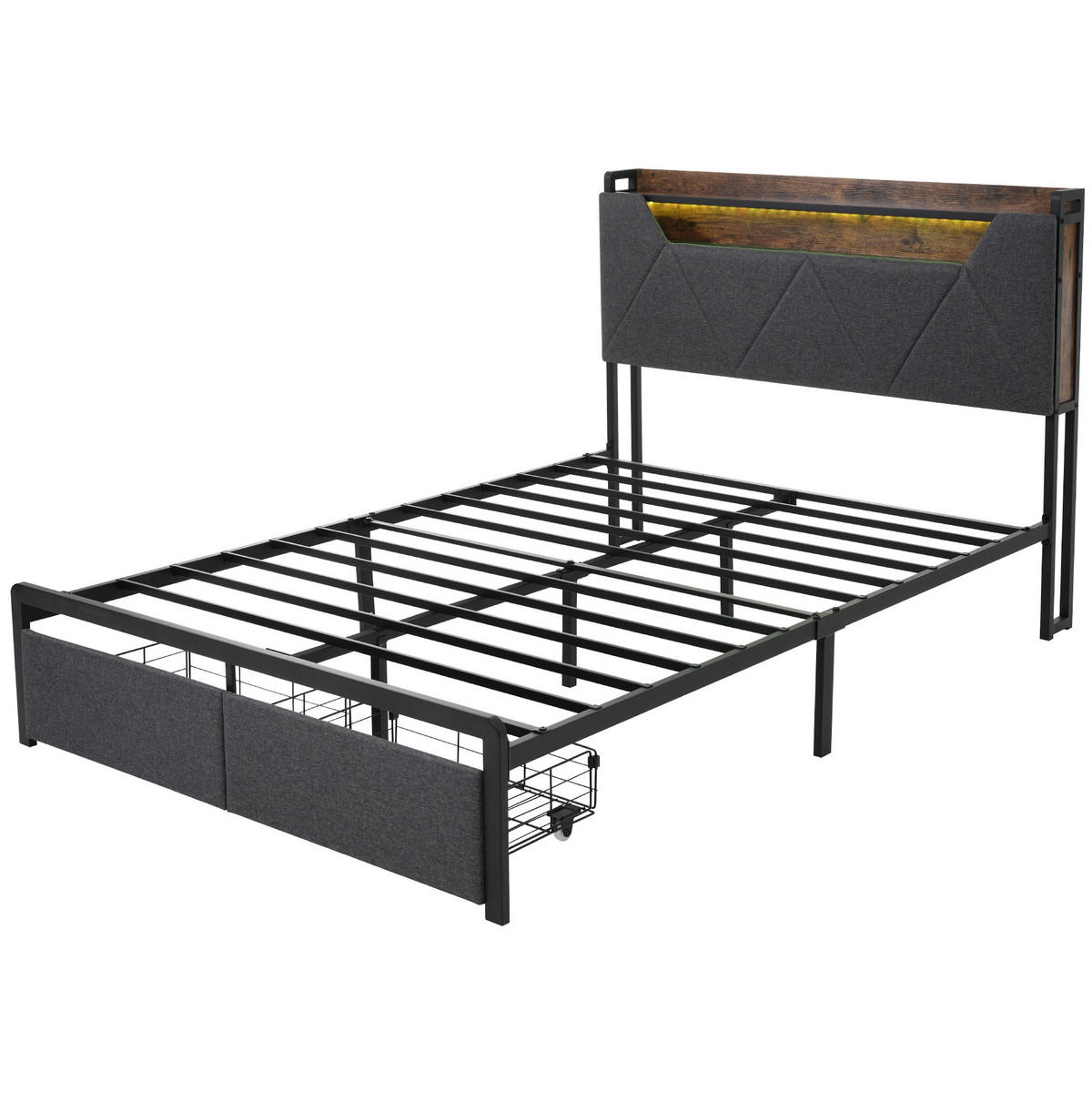 BETT mit Stauraum, LED und USB 160x200 cm Leinen Grau - Grau, Metall (160/200cm) - Meubliv