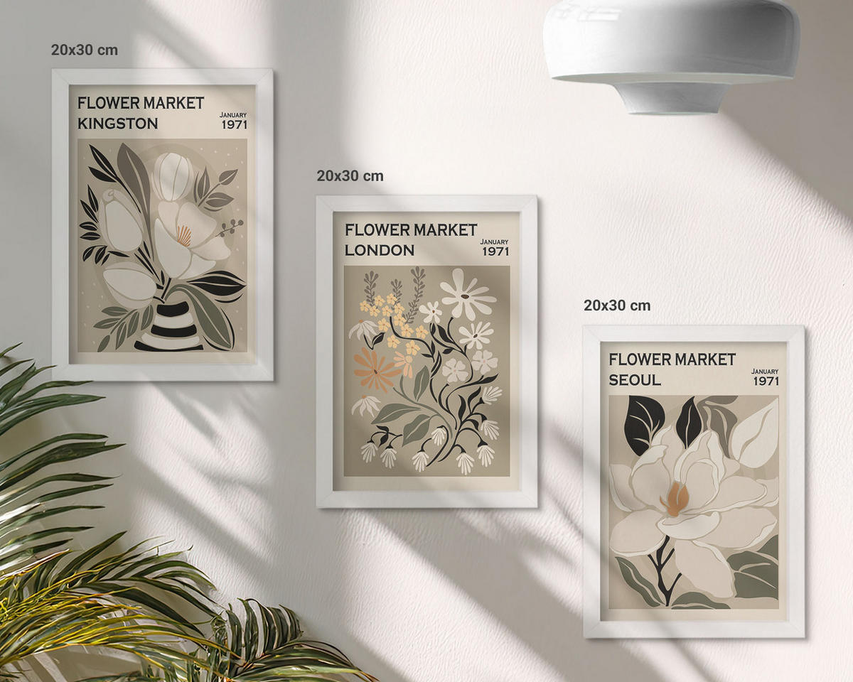 WANDBILDER 3er-Set - 20x30 cm Weißer Rahmen - Retro-Blumen aus Städten rund um die Welt - Weiß, Kunststoff (20/30cm) - ArtPrintCave