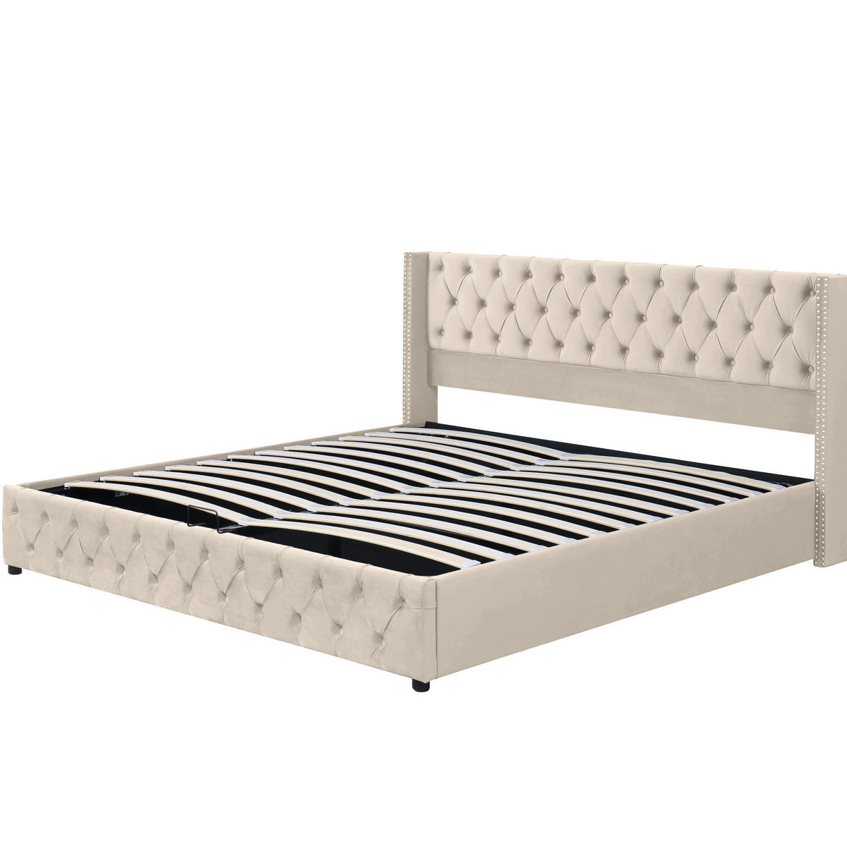 SAMT-POLSTERBETT 160/200 cm mit Bettkasten und gepolstertem Kopfteil - Beige, Textil (160/200cm) - BEAOK