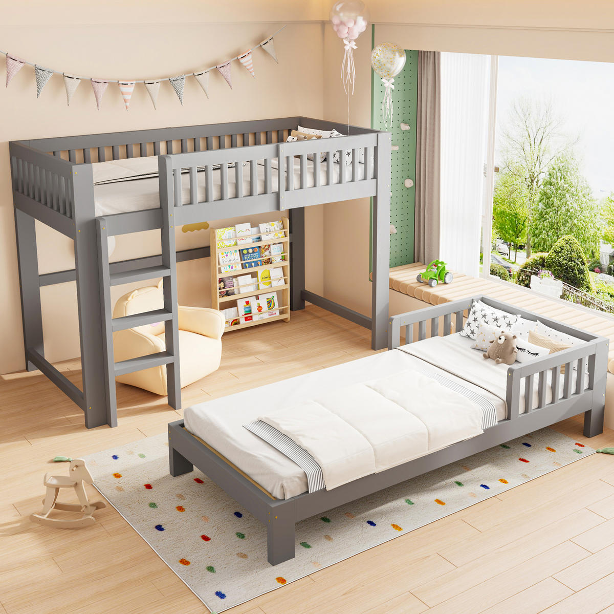 KINDERBETT-SET aus Kiefernholz 90x200 cm Grau, modular als Hoch- und Einzelbett - Grau, Holz (90/200cm) - Modfu