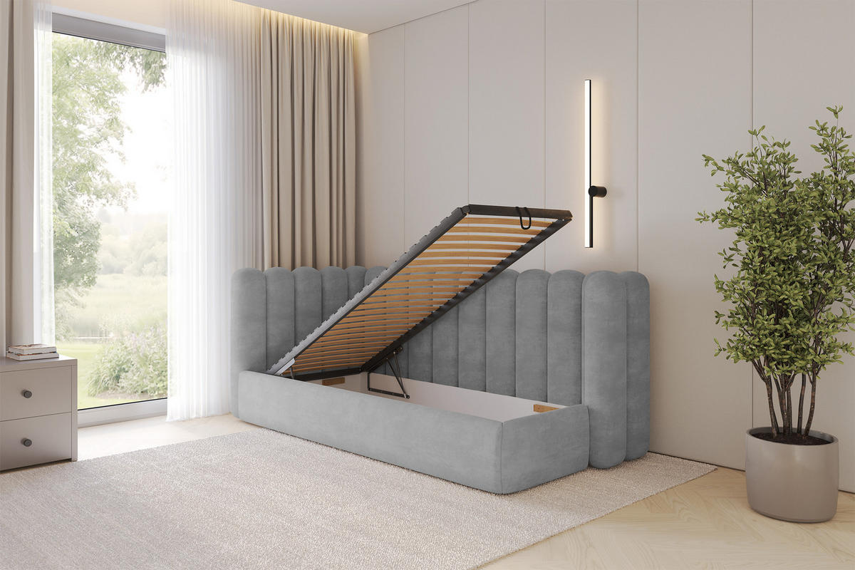EINZELLBETT Jugendbett mit Bettkasten und Matratze H3/H4, Rechts - HUGY 100x200 Grau - Silberfarben, Holzwerkstoff/Textil (100/200cm) - ALTDECOR
