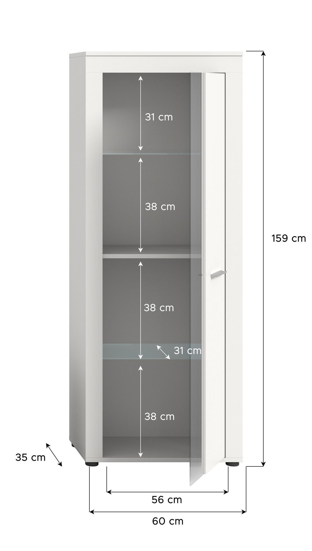 VITRINE JAM (B/H/T: ca. 60/159/35 cm) in weiß/weiß - Weiß, Holzwerkstoff (60/159/35cm)