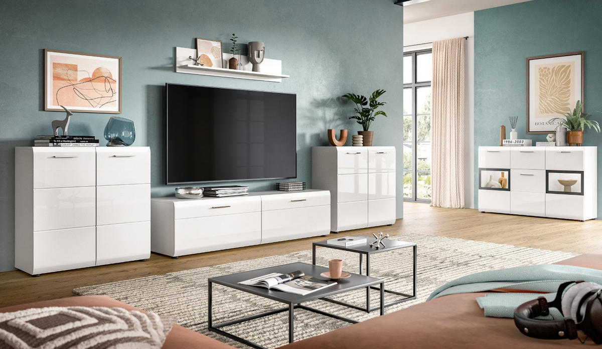 KOMMODE weiß Hochglanz 80 x 81 cm, Sideboard 2-türig - Weiß Hochglanz/Silberfarben, Holzwerkstoff/Kunststoff (80/81/34cm) - Inn.Furn