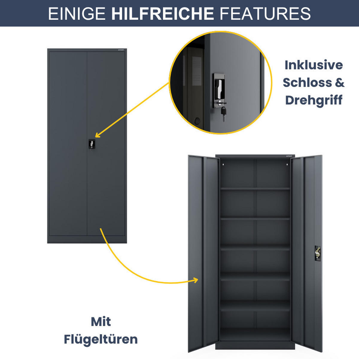 AKTENSCHRANK abschließbar KADO Flügeltüren 220x90x40cm Anthrazit - Anthrazit, Metall (90/220/40cm) - DELUKE