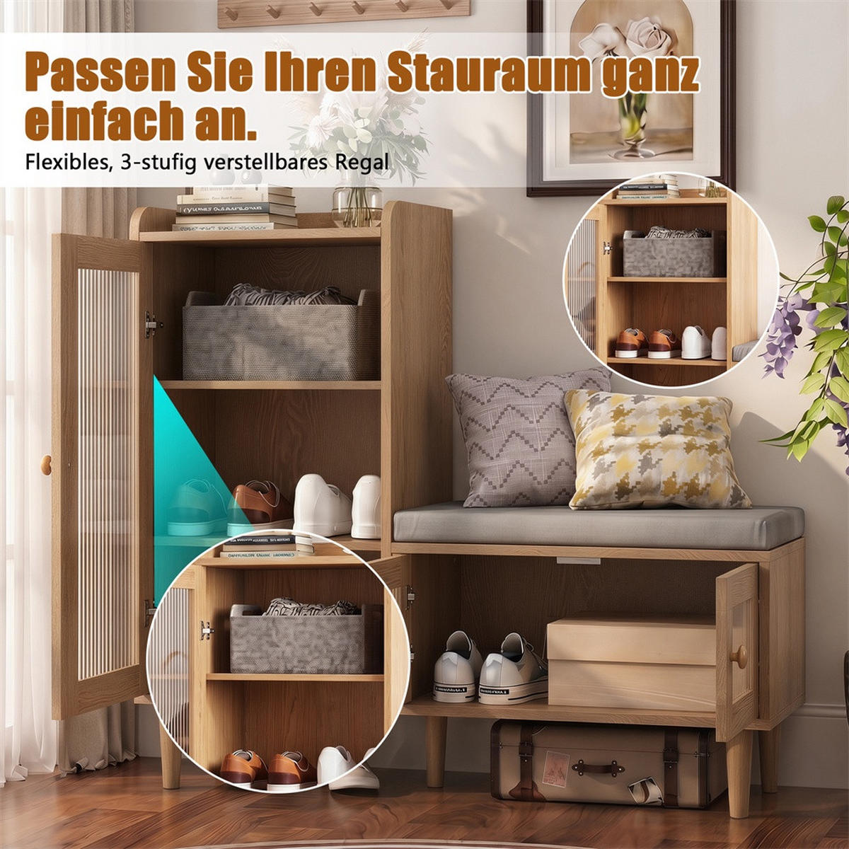 SCHUHSCHRANK mit integrierter Sitzbank - Mehrzweck-Schuhschrank mit geriffelten Glastüren und Sitzkissen - Natur - Nussbaumfarben, Holzwerkstoff (35/69.5/100cm) - DELFA